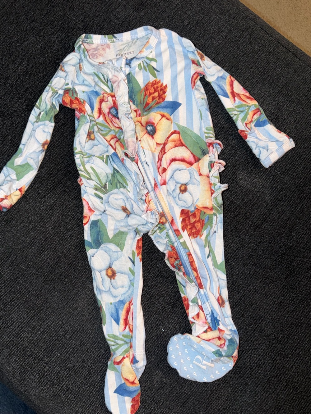 Posh Peanut Blue & White Stripe Floral Footed One-Piece